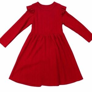 Girls Red Ribbed Long Sleeve Dress | Size 7 | Soft Stretch Knit